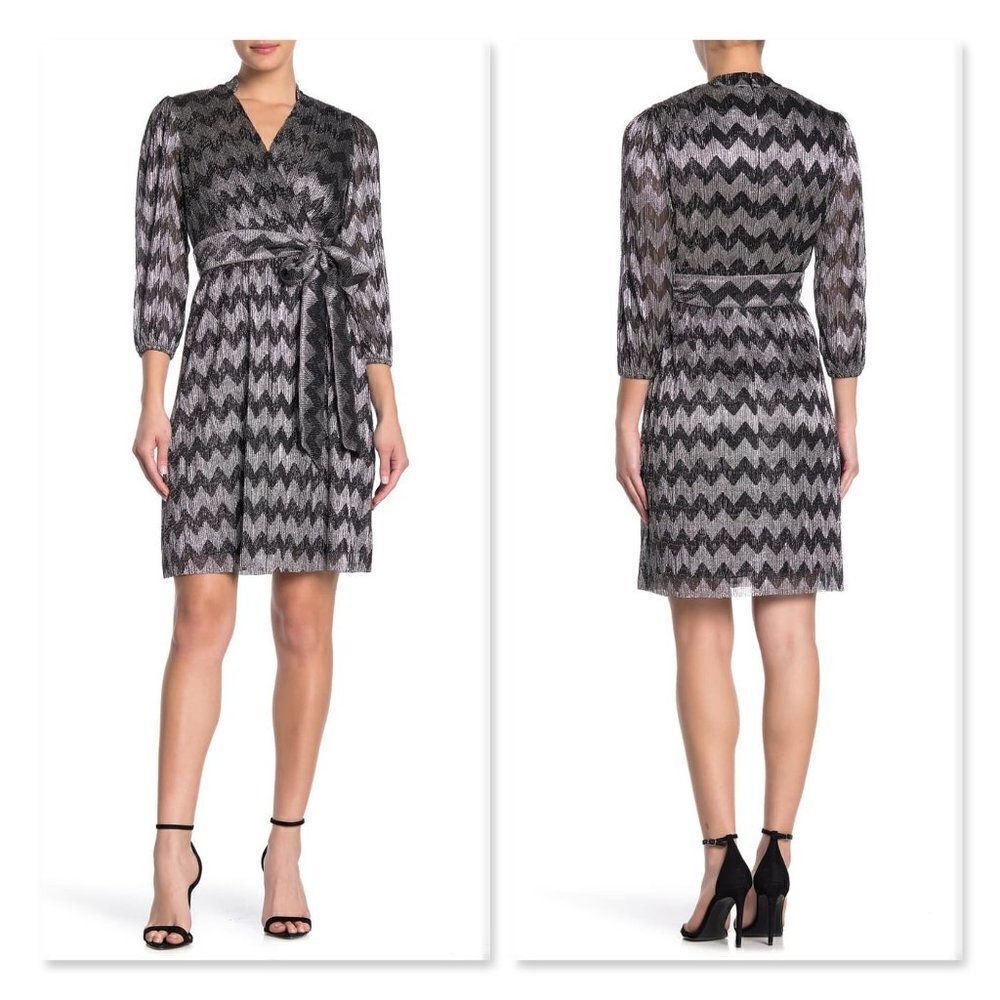 Eliza J Metallic Chevron Faux Wrap Dress sz 10.